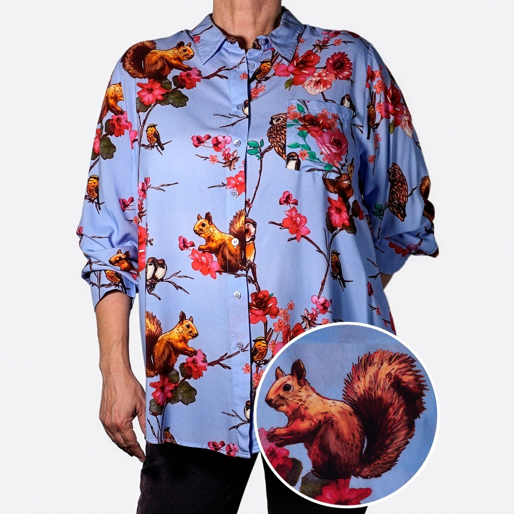 Ulla Popken Whimsical Woodland Animal Print Shirt Button Down Top XL 1X 2X XXL